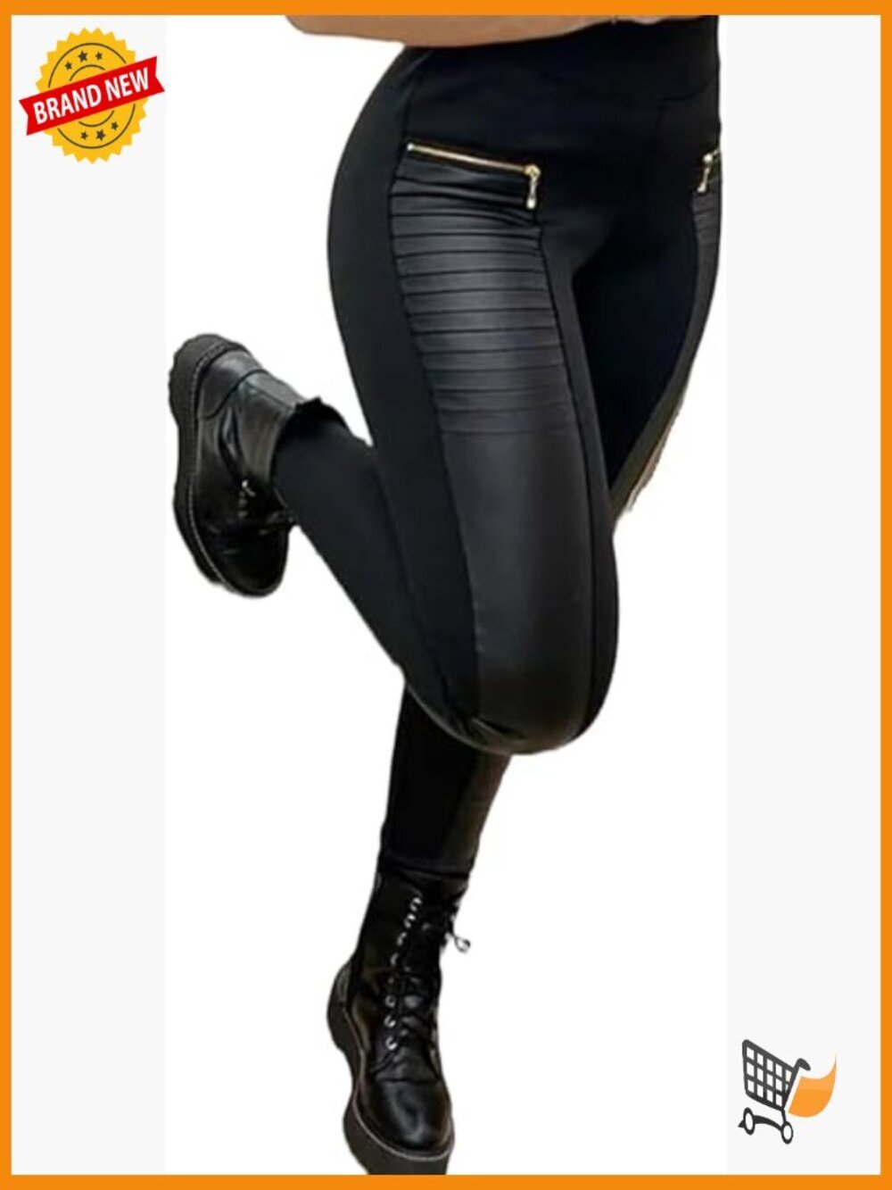 Faux Leather Motorcycle Leggings High Waisted Tummy Control with Pockets Zip